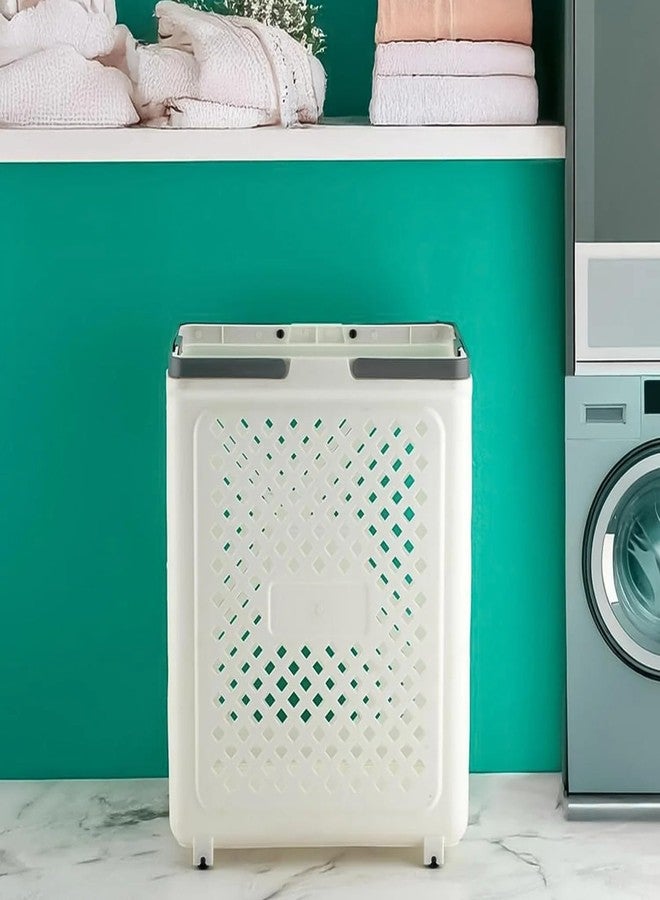 Hidak Large Foldable Laundry Basket with Wheels, White Plastic Rolling Laundry Hamper, Ventilated Airflow Design, Space-Saving Collapsible Storage Basket with Handles - Image 4